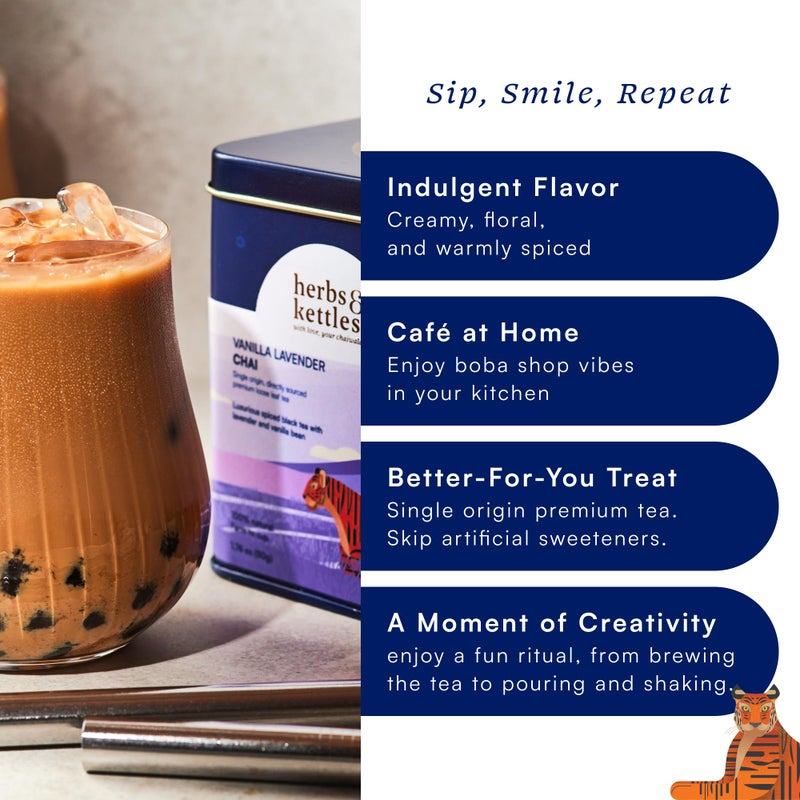 Herbs & Kettles Vanilla Lavender Chai Boba Kit | Assam Black Tea with Real Vanilla Bean, Lavender Flowers & Warming Spices + Chewy Tapioca Pearls | DIY Bubble Tea Kit with Reusable Straws - Image 3