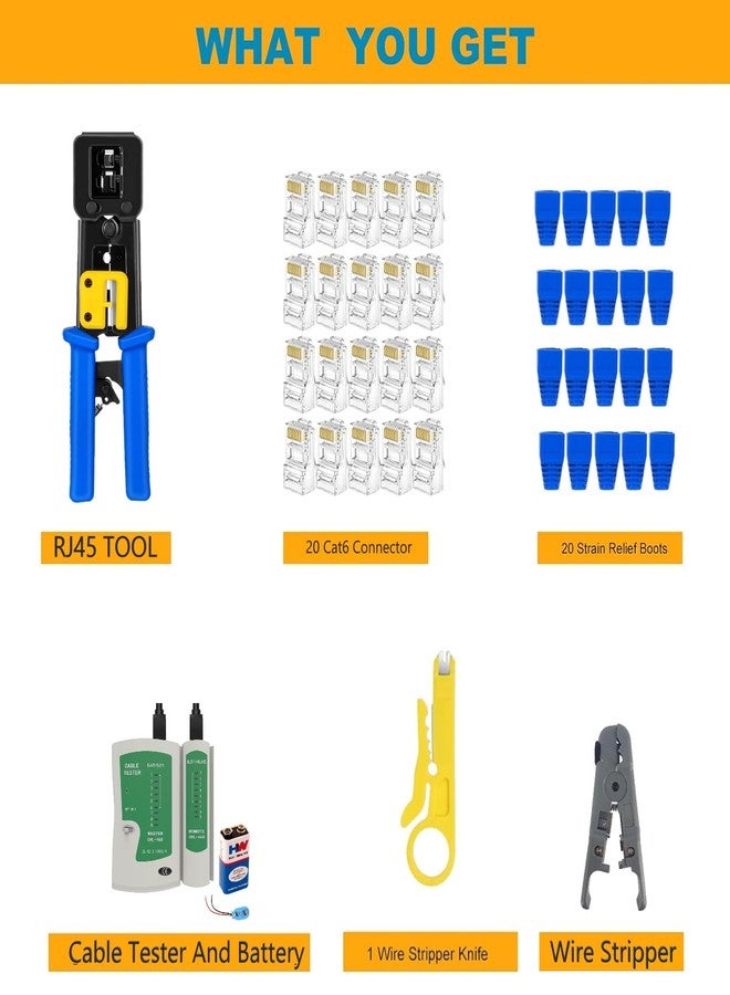 XIKKART Tool Kit, RJ45 Wire Cutter, Pass Through Cat5 Cat5e Cat6 Professional Heavy Duty Crimping tool with Lan Tester, Universal Wire Stripper, 20pc Rj45 Connector, 20pc Boot, Wire Cutter - Image 2