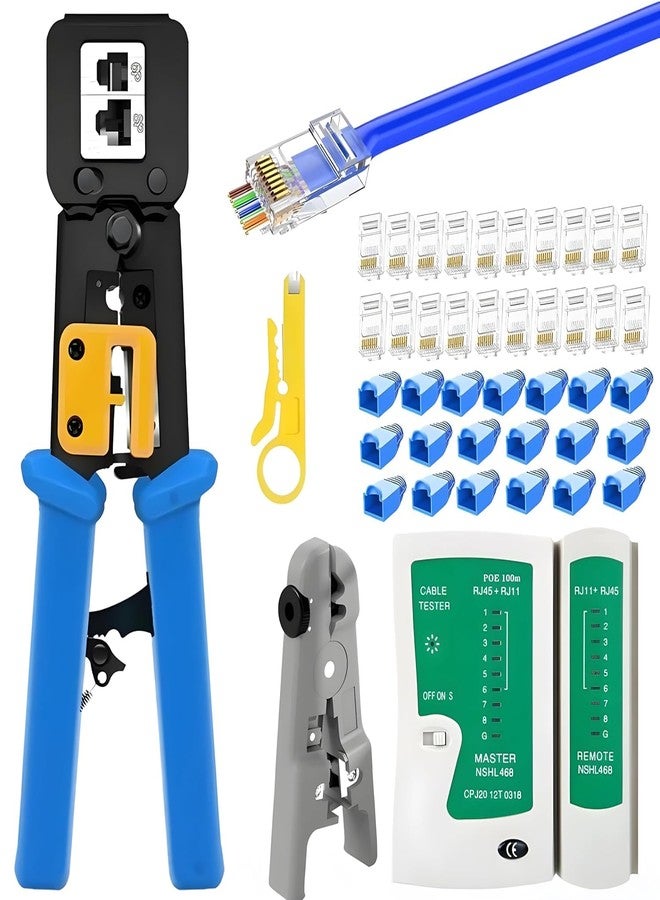 XIKKART Tool Kit, RJ45 Wire Cutter, Pass Through Cat5 Cat5e Cat6 Professional Heavy Duty Crimping tool with Lan Tester, Universal Wire Stripper, 20pc Rj45 Connector, 20pc Boot, Wire Cutter - Image 1