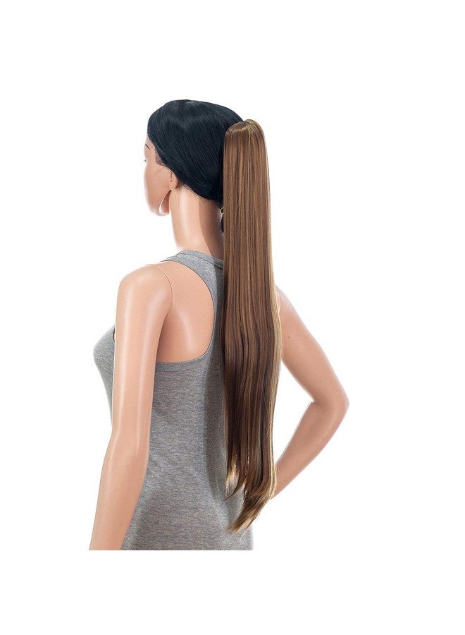 SWACC 28-Inch Long Straight Claw Clip Ponytail Extensions Synthetic Hair Extensions Ponytail Jaw Clip Hair Pieces for Women (Light Brown/Beige Highlights-12H24#) - Image 4