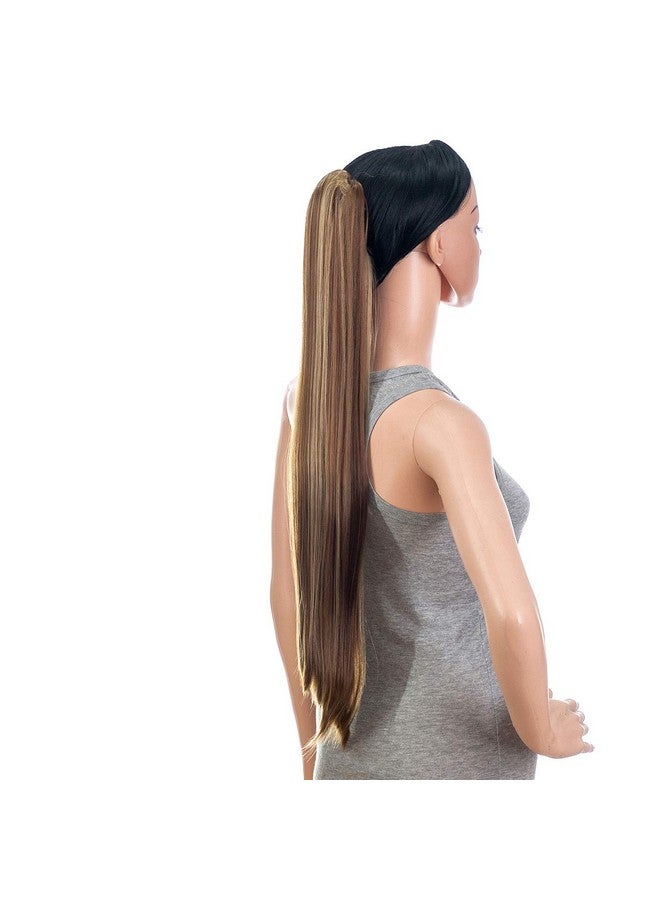SWACC 28-Inch Long Straight Claw Clip Ponytail Extensions Synthetic Hair Extensions Ponytail Jaw Clip Hair Pieces for Women (Light Brown/Beige Highlights-12H24#) - Image 3