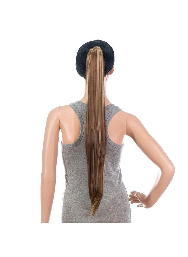 SWACC 28-Inch Long Straight Claw Clip Ponytail Extensions Synthetic Hair Extensions Ponytail Jaw Clip Hair Pieces for Women (Light Brown/Beige Highlights-12H24#) - Image 2