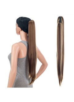 SWACC SWACC 28-Inch Long Straight Claw Clip Ponytail Extensions Synthetic Hair Extensions Ponytail Jaw Clip Hair Pieces for Women (Light Brown/Beige Highlights-12H24#)  - Image 1