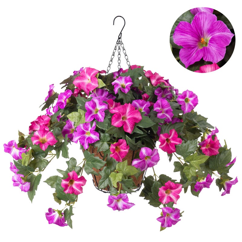 Ammyoo Artificial Hanging Fake Flowers with Basket Plants for Outdoor Decoration, Faux Silk Flower UV Resistant Morning Glory for Home Porch Patio Garden Balcony Yard Look Real (Fuchsia Lotus) - Image 1