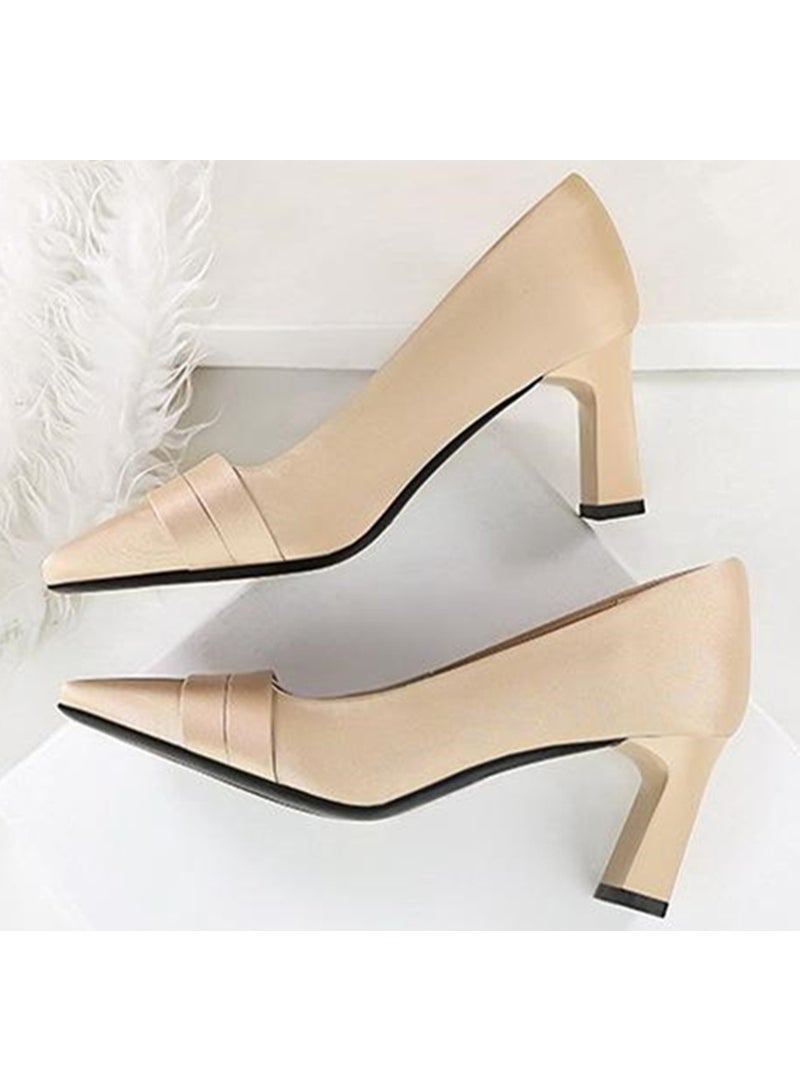 بيج تري المرأة الساتان سمنة الكعب العالي مربع مغلق إصبع القدم مضخات الشمبانيا 7CM - Image 3