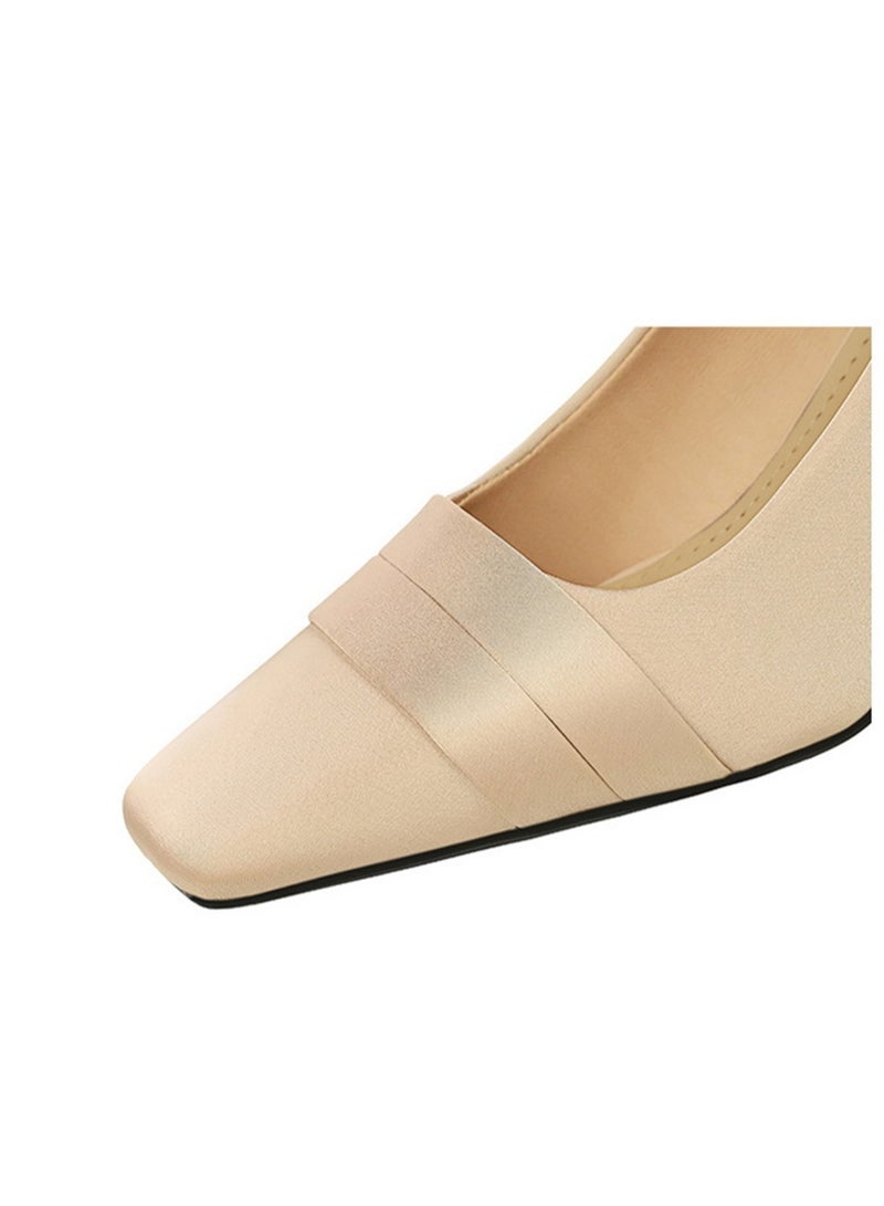 بيج تري المرأة الساتان سمنة الكعب العالي مربع مغلق إصبع القدم مضخات الشمبانيا 7CM - Image 4