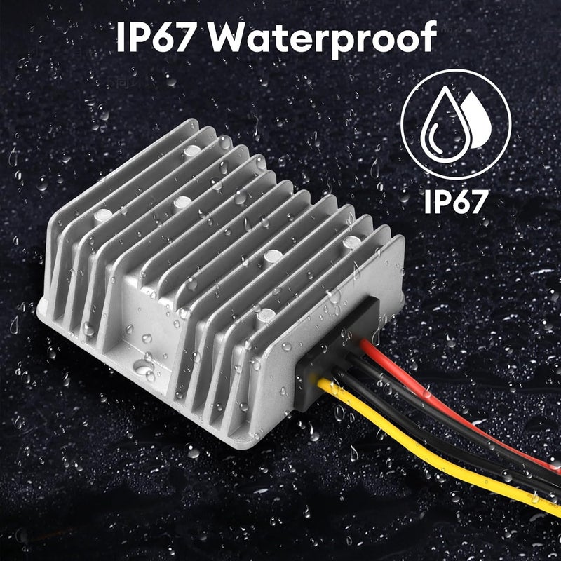 محول جهد من نوع DC-DC بتردد 8-40V إلى 12V بقدرة 10 أمبير وطاقة 120 واط، منتج لتنظيم الجهد، مزود بغلاف من الألمنيوم مقاوم للماء ويعمل على تثبيت الجهد. - Image 3