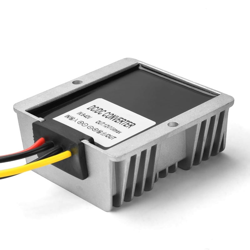محول جهد من نوع DC-DC بتردد 8-40V إلى 12V بقدرة 10 أمبير وطاقة 120 واط، منتج لتنظيم الجهد، مزود بغلاف من الألمنيوم مقاوم للماء ويعمل على تثبيت الجهد. - Image 1