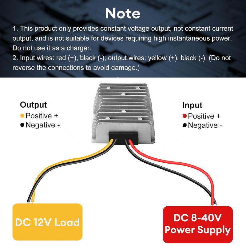 محول جهد من نوع DC-DC بتردد 8-40V إلى 12V بقدرة 10 أمبير وطاقة 120 واط، منتج لتنظيم الجهد، مزود بغلاف من الألمنيوم مقاوم للماء ويعمل على تثبيت الجهد. - Image 2