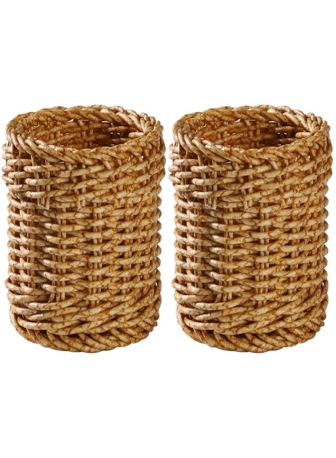Amosfun Rattan Pencil Holder Wicker Basket Weave Pen Cup Makeup Brush Organizer 4 Inch Cylinder Desk Storage Container for Home Office 2 Pack - Image 1