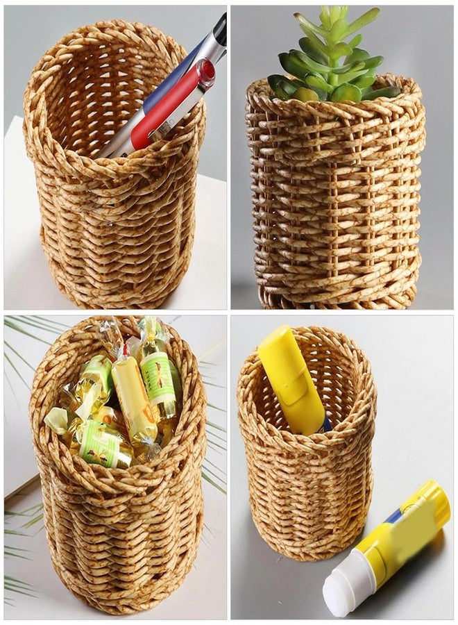 Amosfun Rattan Pencil Holder Wicker Basket Weave Pen Cup Makeup Brush Organizer 4 Inch Cylinder Desk Storage Container for Home Office 2 Pack - Image 3