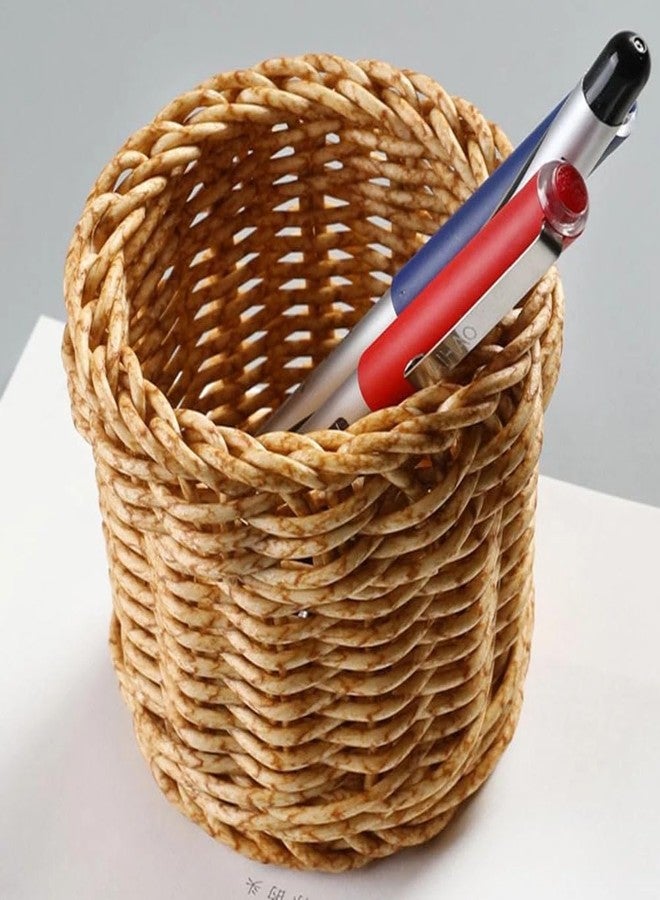 Amosfun Rattan Pencil Holder Wicker Basket Weave Pen Cup Makeup Brush Organizer 4 Inch Cylinder Desk Storage Container for Home Office 2 Pack - Image 4