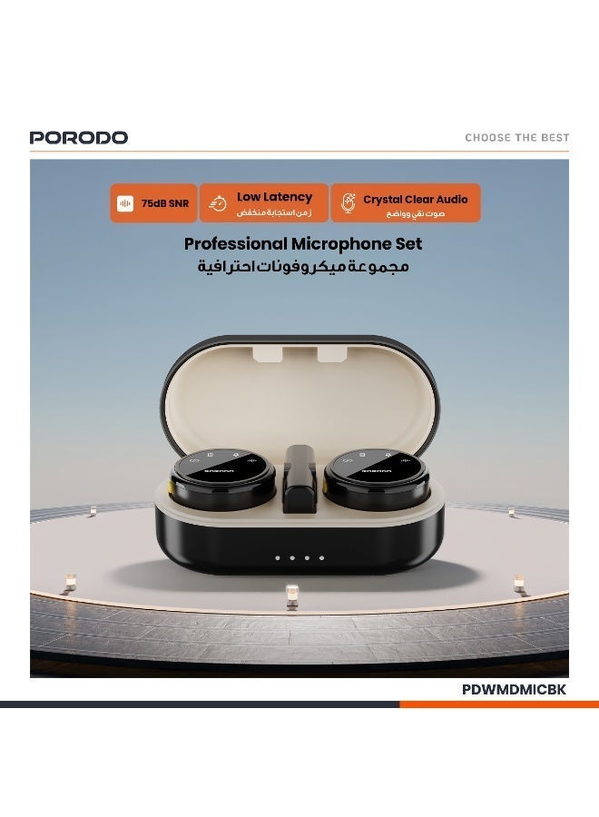 porodo Wireless Microphone with Dual Mic & Charging Case, Type-C connector with Lightning adapter, Up to 24 Hours Working Time, 2.4GHz, Easy to Carry and Use, for Vlogging, TikTok, YouTube, Content Creators, Live Streaming, Interview Recording, iPhone, Android, Smartphones, Action DSLR, Camera, Laptop, PC - Black - Image 5