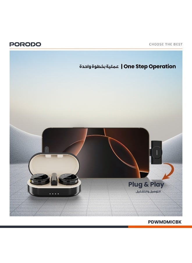 porodo Wireless Microphone with Dual Mic & Charging Case, Type-C connector with Lightning adapter, Up to 24 Hours Working Time, 2.4GHz, Easy to Carry and Use, for Vlogging, TikTok, YouTube, Content Creators, Live Streaming, Interview Recording, iPhone, Android, Smartphones, Action DSLR, Camera, Laptop, PC - Black - Image 2