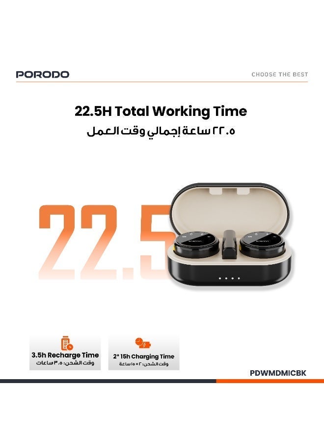 porodo Wireless Microphone with Dual Mic & Charging Case, Type-C connector with Lightning adapter, Up to 24 Hours Working Time, 2.4GHz, Easy to Carry and Use, for Vlogging, TikTok, YouTube, Content Creators, Live Streaming, Interview Recording, iPhone, Android, Smartphones, Action DSLR, Camera, Laptop, PC - Black - Image 3