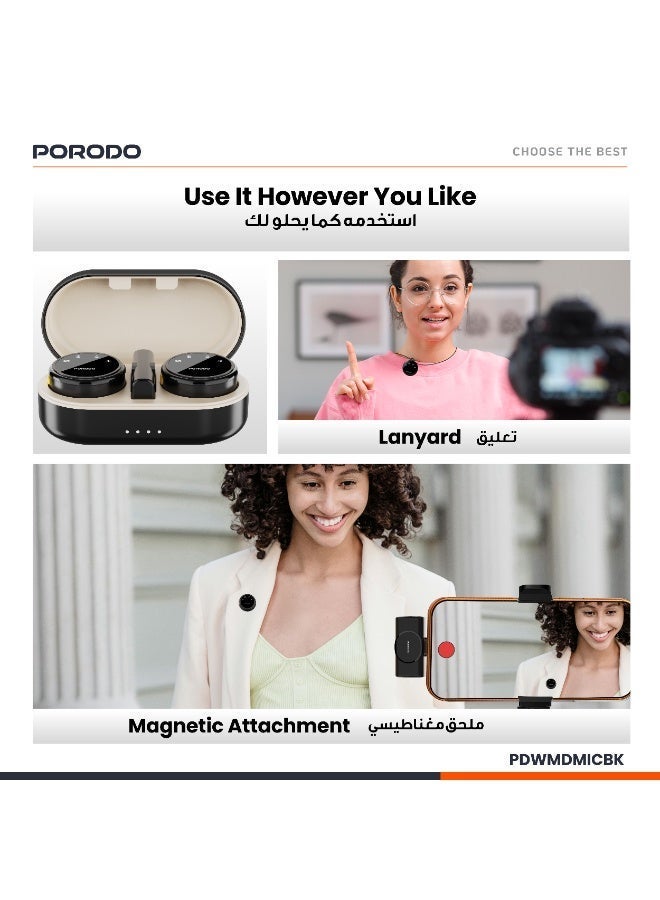 porodo Wireless Microphone with Dual Mic & Charging Case, Type-C connector with Lightning adapter, Up to 24 Hours Working Time, 2.4GHz, Easy to Carry and Use, for Vlogging, TikTok, YouTube, Content Creators, Live Streaming, Interview Recording, iPhone, Android, Smartphones, Action DSLR, Camera, Laptop, PC - Black - Image 4