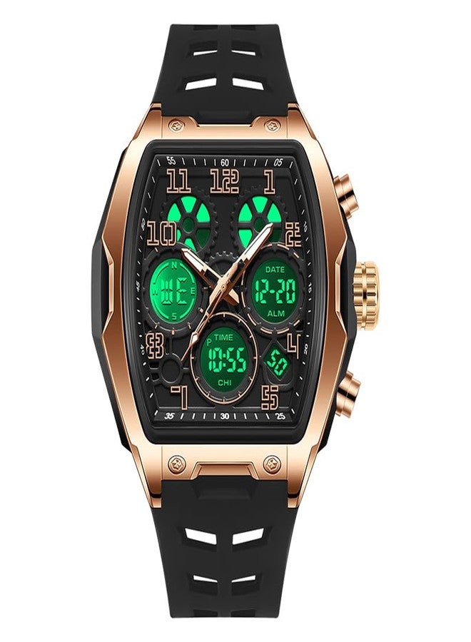 FANMIS Watch for Men Fashion Hollow Unique Rectangle Dial Wristwatch Waterproof Sport Digital Analog Dual Time Display Stopwatch Punk Cool Design Silicon Strap Dress Watch, Black Black, Modern - Image 2