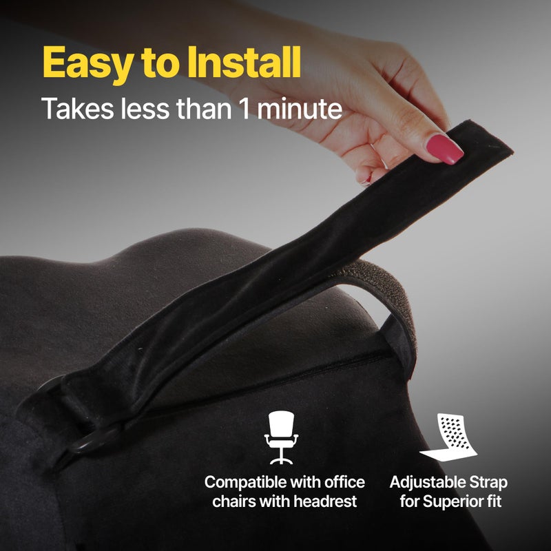 Frido وسادة دعم الرقبة لمقعد المكتب من فريدو لتخفيف آلام الرقبة والراحة | وسادة رقبة من الذاكرة لوضعية مريحة | متوافقة مع جميع الكراسي ذات مساند الرأس | غطاء قابل للغسل | أسود | 1 قطعة - Image 4