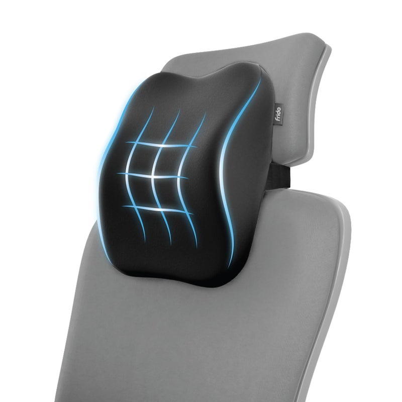 Frido وسادة دعم الرقبة لمقعد المكتب من فريدو لتخفيف آلام الرقبة والراحة | وسادة رقبة من الذاكرة لوضعية مريحة | متوافقة مع جميع الكراسي ذات مساند الرأس | غطاء قابل للغسل | أسود | 1 قطعة - Image 1