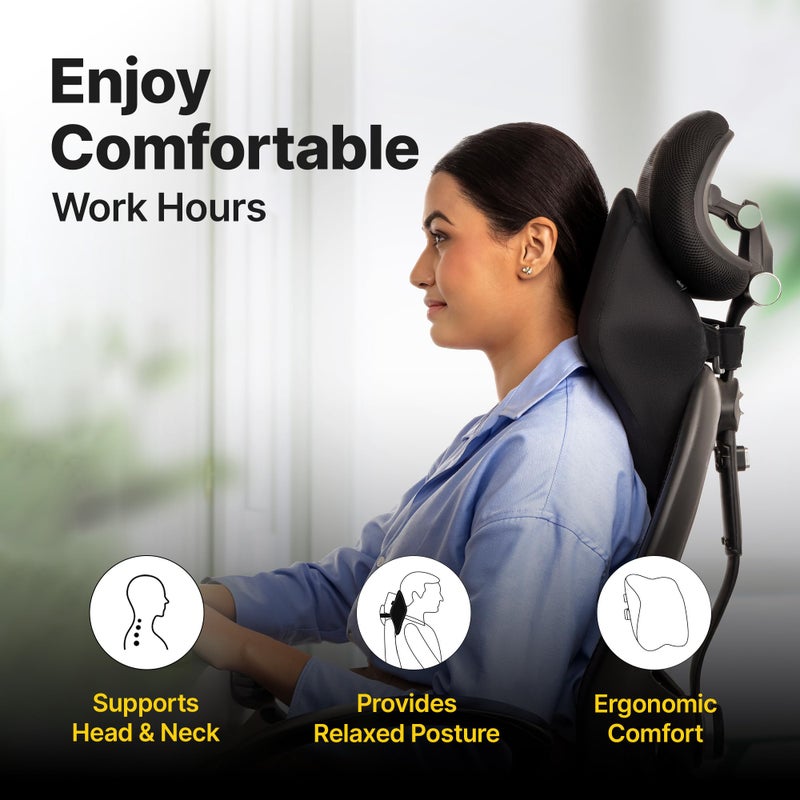 Frido وسادة دعم الرقبة لمقعد المكتب من فريدو لتخفيف آلام الرقبة والراحة | وسادة رقبة من الذاكرة لوضعية مريحة | متوافقة مع جميع الكراسي ذات مساند الرأس | غطاء قابل للغسل | أسود | 1 قطعة - Image 2