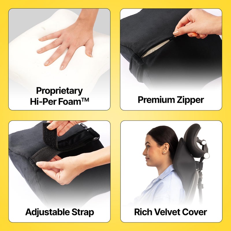 Frido وسادة دعم الرقبة لمقعد المكتب من فريدو لتخفيف آلام الرقبة والراحة | وسادة رقبة من الذاكرة لوضعية مريحة | متوافقة مع جميع الكراسي ذات مساند الرأس | غطاء قابل للغسل | أسود | 1 قطعة - Image 5