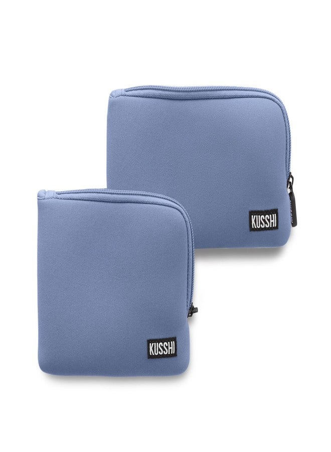 KUSSHI 2pc Neoprene On-The-Go Pouch Set - Passport Holder and Travel Zipper Makeup Pouch for Purse Organization, Electronics, Glasses & Valuables (Pearl Blue) - Image 1