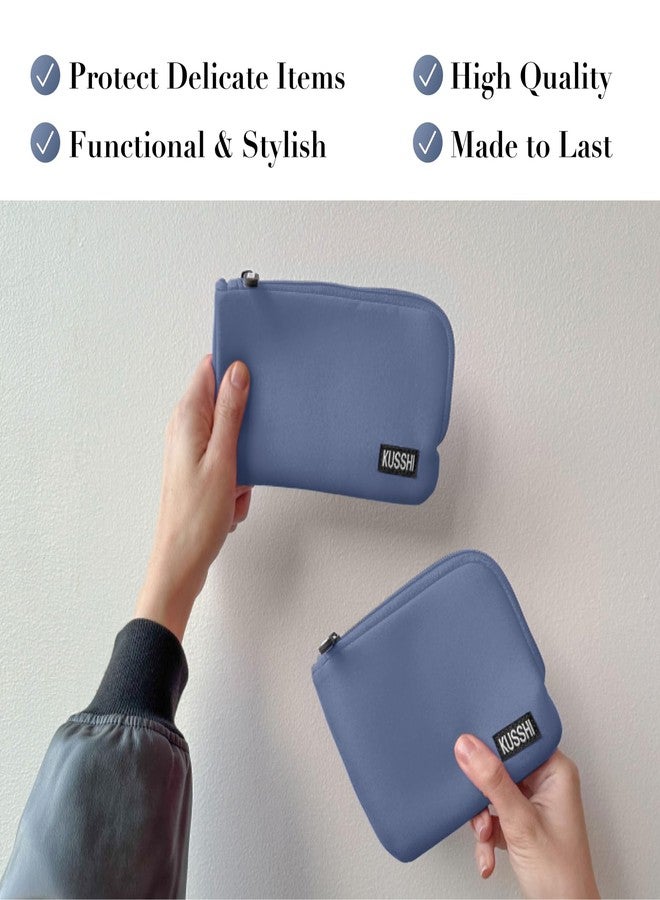 KUSSHI 2pc Neoprene On-The-Go Pouch Set - Passport Holder and Travel Zipper Makeup Pouch for Purse Organization, Electronics, Glasses & Valuables (Pearl Blue) - Image 4