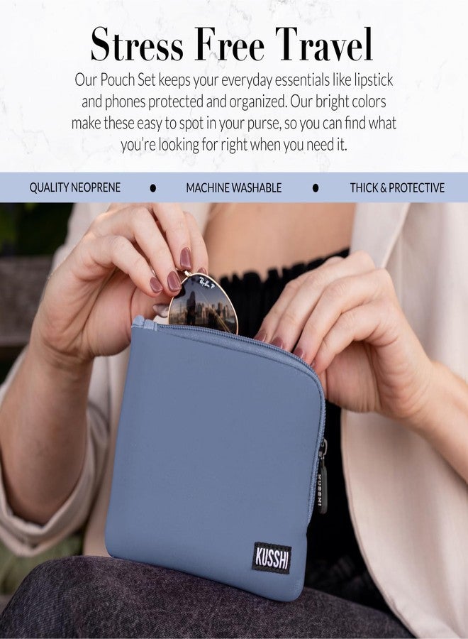 KUSSHI 2pc Neoprene On-The-Go Pouch Set - Passport Holder and Travel Zipper Makeup Pouch for Purse Organization, Electronics, Glasses & Valuables (Pearl Blue) - Image 2