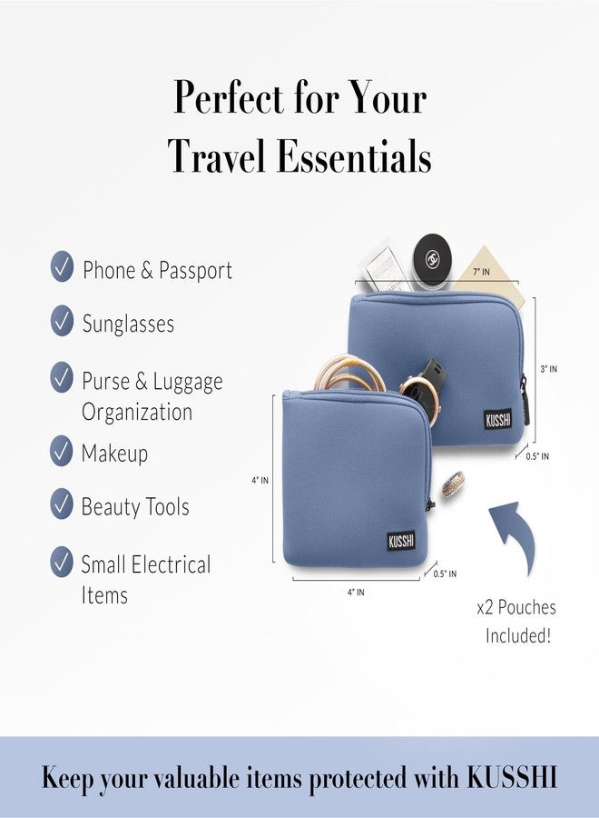 KUSSHI 2pc Neoprene On-The-Go Pouch Set - Passport Holder and Travel Zipper Makeup Pouch for Purse Organization, Electronics, Glasses & Valuables (Pearl Blue) - Image 5