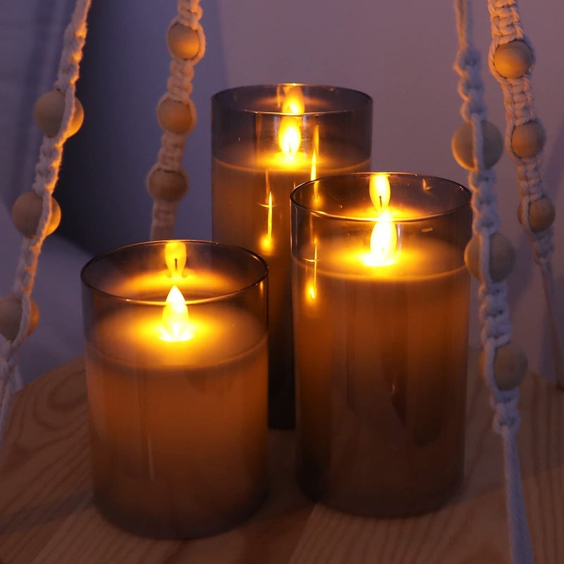 LTETTES Real Wax LED Glass Pillar Flameless Candles | Faux Dancing Wick | Tinted Grey Glass | Battery Powered with Multifunctional Remote Controller for Home Decor | Set of 3 (H-4",5",6" x D-3") - Image 2