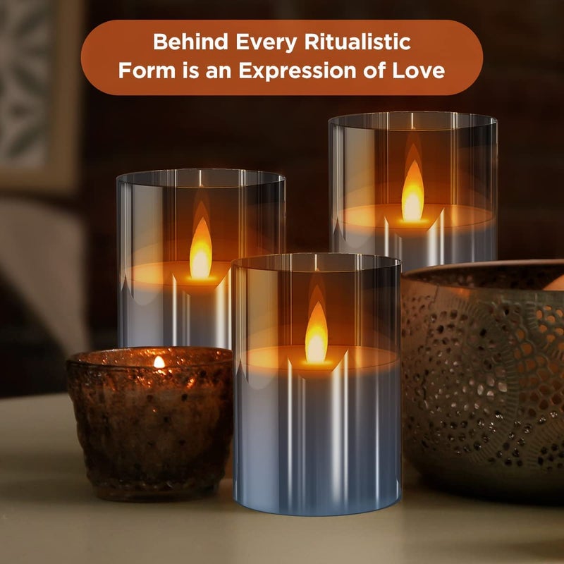 LTETTES Real Wax LED Glass Pillar Flameless Candles | Faux Dancing Wick | Tinted Grey Glass | Battery Powered with Multifunctional Remote Controller for Home Decor | Set of 3 (H-4",5",6" x D-3") - Image 5