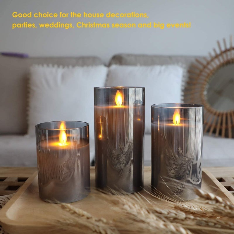 LTETTES Real Wax LED Glass Pillar Flameless Candles | Faux Dancing Wick | Tinted Grey Glass | Battery Powered with Multifunctional Remote Controller for Home Decor | Set of 3 (H-4",5",6" x D-3") - Image 3