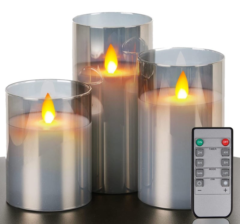 LTETTES Real Wax LED Glass Pillar Flameless Candles | Faux Dancing Wick | Tinted Grey Glass | Battery Powered with Multifunctional Remote Controller for Home Decor | Set of 3 (H-4",5",6" x D-3") - Image 1