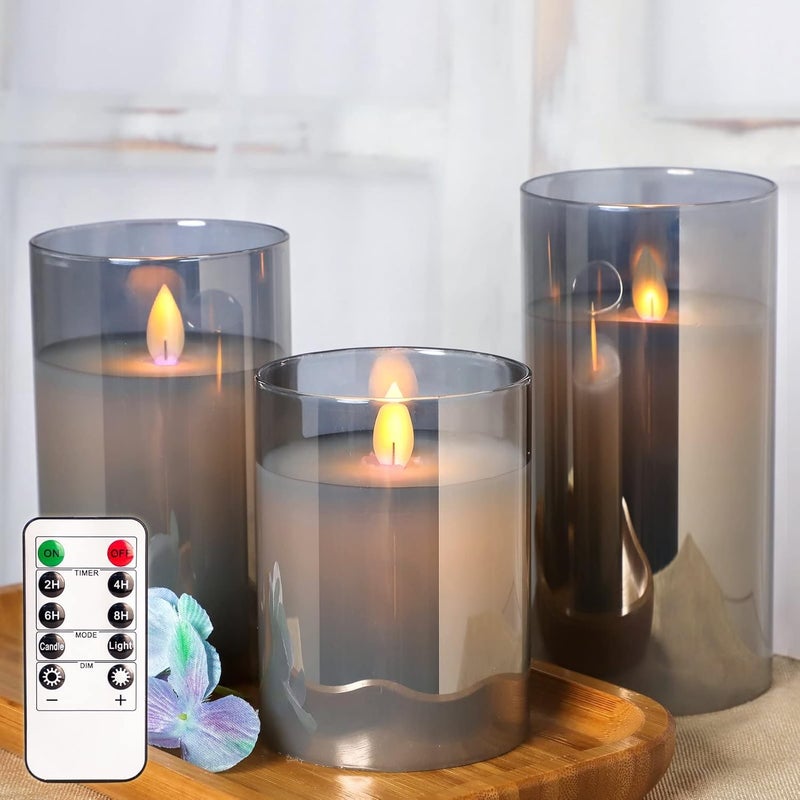 LTETTES Real Wax LED Glass Pillar Flameless Candles | Faux Dancing Wick | Tinted Grey Glass | Battery Powered with Multifunctional Remote Controller for Home Decor | Set of 3 (H-4",5",6" x D-3") - Image 4
