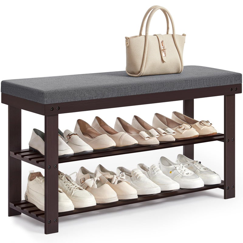 SONGMICS Bamboo Shoe Bench, 3-Tier Shoe Rack Organizer for Entryway, Living Room, Bench Seat Holds Up to 300 lb, 11.9 x 35.4 x 19.2 Inches, Rustic Walnut and Slate Gray ULBS904B32 - Image 1