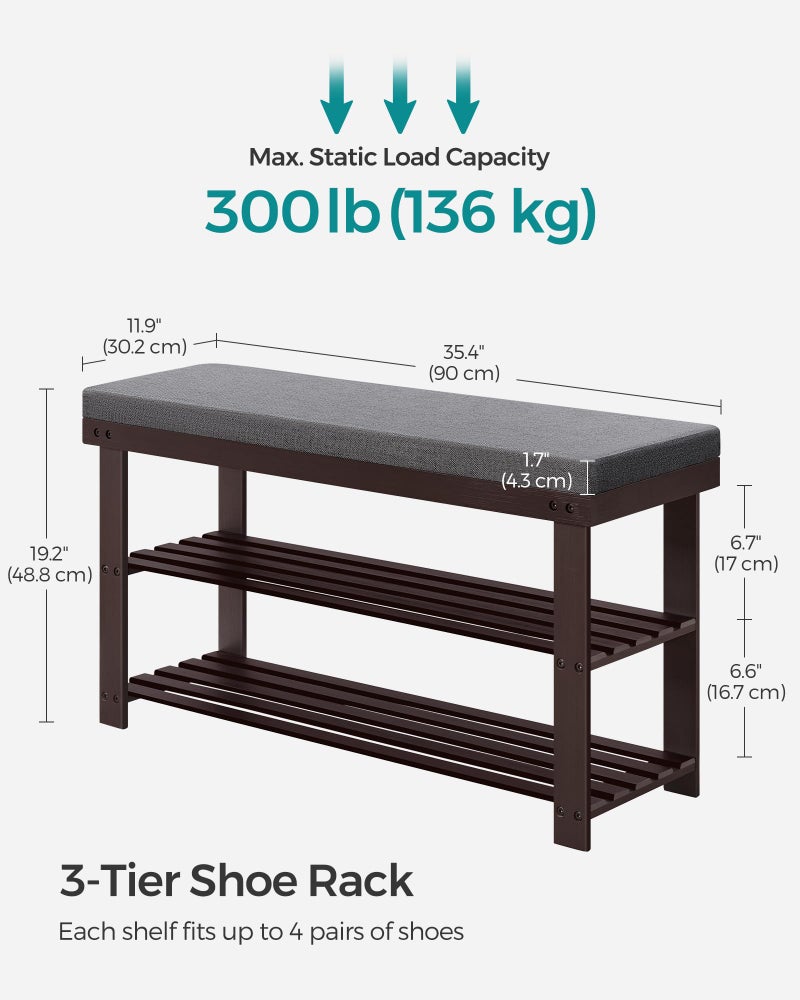SONGMICS Bamboo Shoe Bench, 3-Tier Shoe Rack Organizer for Entryway, Living Room, Bench Seat Holds Up to 300 lb, 11.9 x 35.4 x 19.2 Inches, Rustic Walnut and Slate Gray ULBS904B32 - Image 3