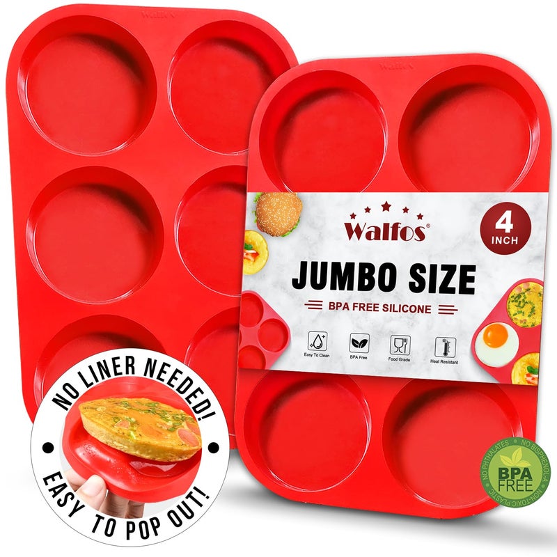 Walfos Silicone Muffin Top Pans for Baking 4inch Jumbo Size, Perfect Results Premium Non-Stick Bakeware Egg Baking Pan, Great for Eggs, Hamburger Bun, Muffin Top and More, Food Grade & BPA Free, 2pcs - Image 1