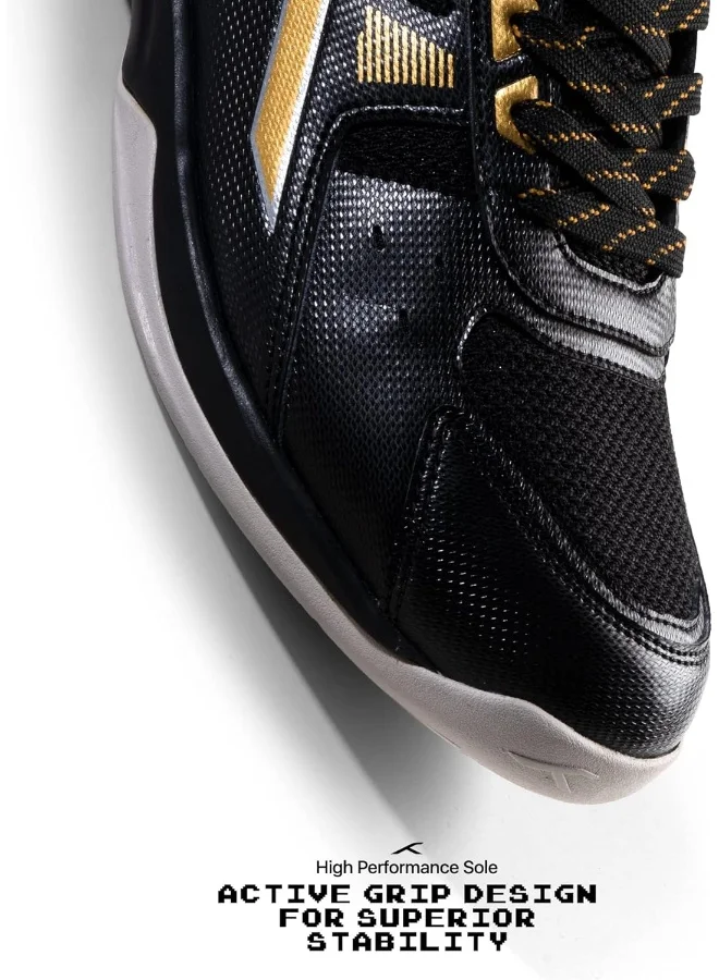 HUNDRED Raze Badminton Shoes (Non Marking) | Lightweight & Durable | X-Cushion, Active Grip Sole, Toe Assist (Black::Gold, 2Uk)