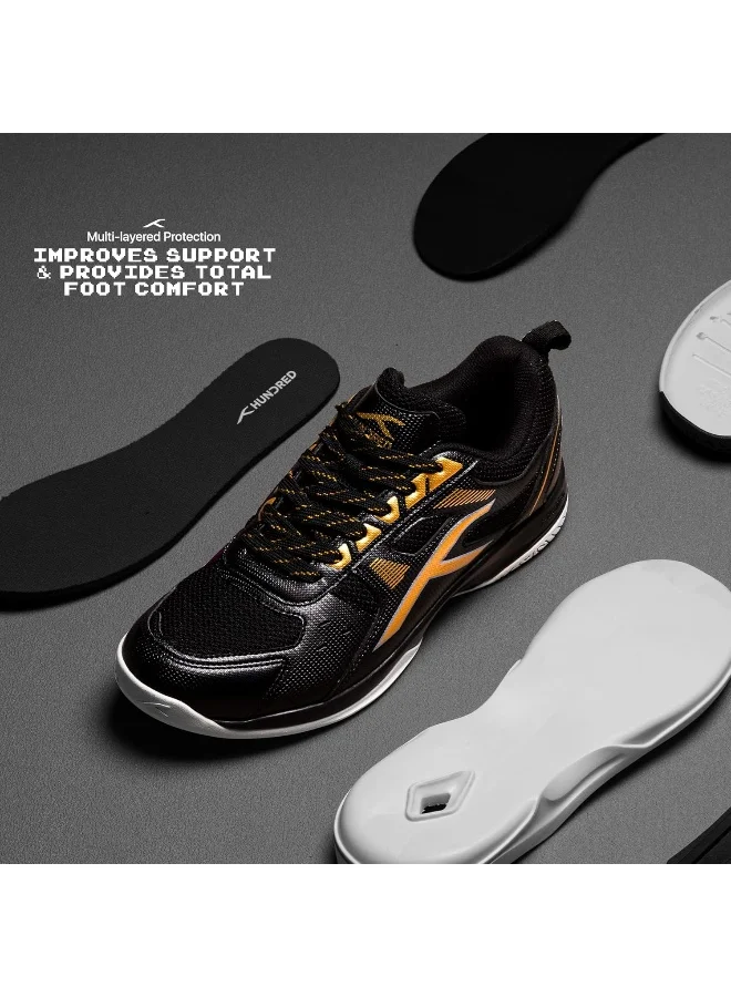 HUNDRED Raze Badminton Shoes (Non Marking) | Lightweight & Durable | X-Cushion, Active Grip Sole, Toe Assist (Black::Gold, 2Uk)