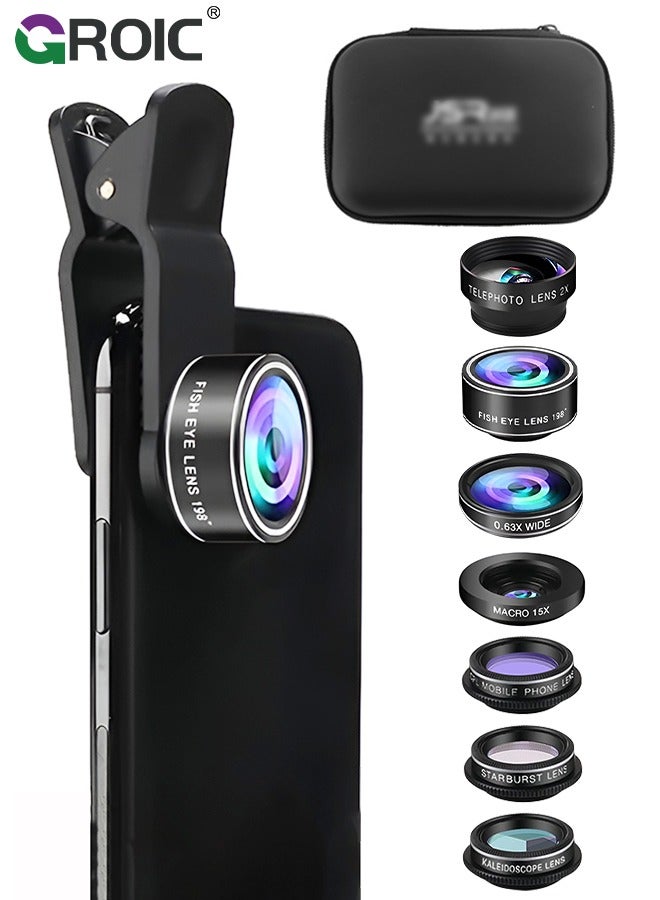 Phone Lens Kit 7-in-1 Phone Camera Lens, Universal Zoom 2X Telephoto Lens + 198° Fisheye Lens + 0.63X Wide Angle Lens + 15X Macro Lens + starlight Lens + Hexagonal Lens with Bag for iPhone Android