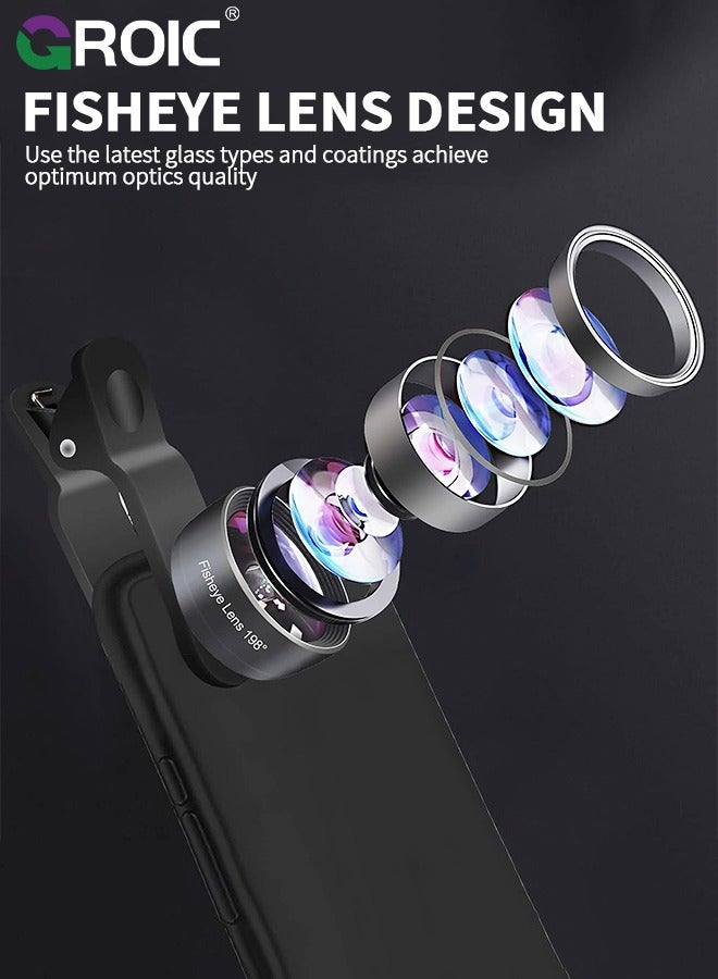 GROIC Phone Lens Kit 7-in-1 Phone Camera Lens, Universal Zoom 2X Telephoto Lens + 198° Fisheye Lens + 0.63X Wide Angle Lens + 15X Macro Lens + starlight Lens + Hexagonal Lens with Bag for iPhone Android  - Image 2