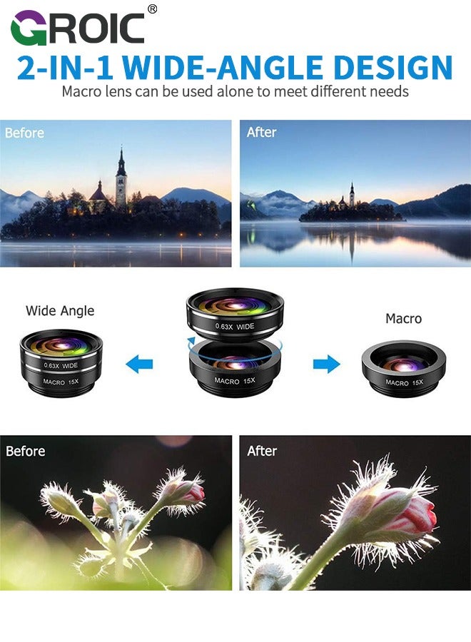 GROIC Phone Lens Kit 7-in-1 Phone Camera Lens, Universal Zoom 2X Telephoto Lens + 198° Fisheye Lens + 0.63X Wide Angle Lens + 15X Macro Lens + starlight Lens + Hexagonal Lens with Bag for iPhone Android  - Image 4