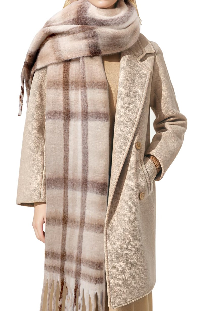 coclothy Women's Winter Scarfs, Mohair Vintage Scarf for Cold Weather, Large Chunky Scarf Cashmere Feel Blanket Pashmina Wrap Khaki & Beige - Image 1