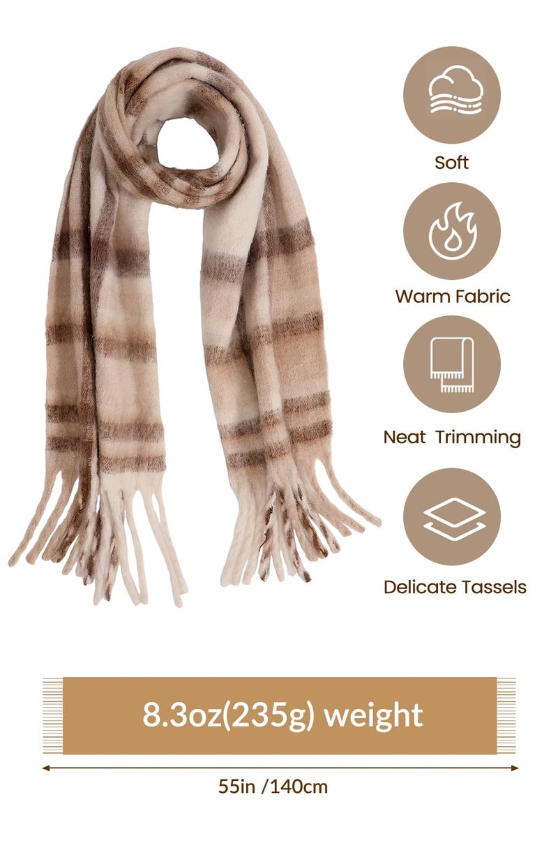 coclothy Women's Winter Scarfs, Mohair Vintage Scarf for Cold Weather, Large Chunky Scarf Cashmere Feel Blanket Pashmina Wrap Khaki & Beige - Image 4
