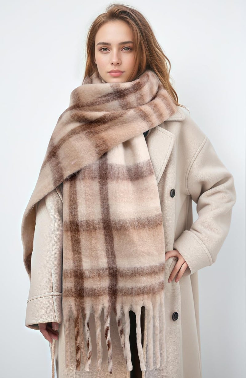 coclothy Women's Winter Scarfs, Mohair Vintage Scarf for Cold Weather, Large Chunky Scarf Cashmere Feel Blanket Pashmina Wrap Khaki & Beige - Image 2