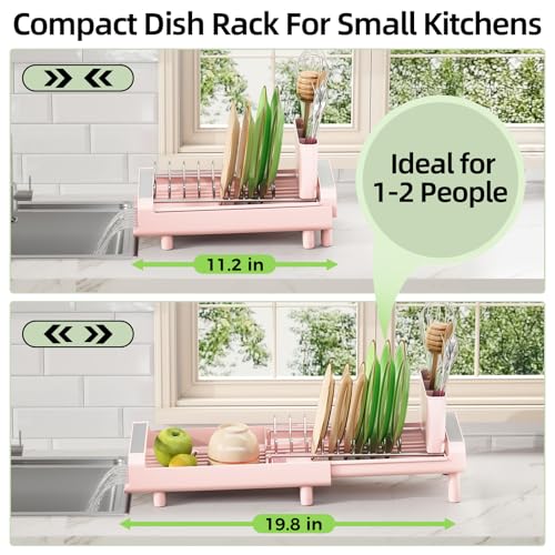TOOLF Small Dish Drying Rack Mini Expandable Compact Dish Rack Slim Extendable Stainless Steel Dish Drainer for Kitchen Plate Storage Space Saving Dish Strainer in Sink or on Home Countertop Pink - Image 3