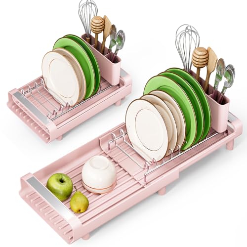 TOOLF Small Dish Drying Rack Mini Expandable Compact Dish Rack Slim Extendable Stainless Steel Dish Drainer for Kitchen Plate Storage Space Saving Dish Strainer in Sink or on Home Countertop Pink - Image 1