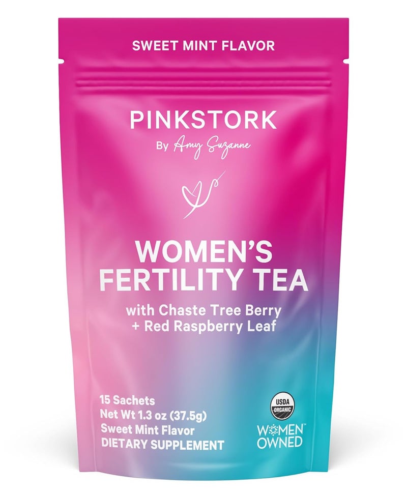 Pink Stork Organic Fertility Tea - Supports Conception for Her & Hormone Balance with Chaste Tree Berry (Vitex), Mint, and Red Raspberry Leaf - Hot or Iced - Caffeine Free - Sweet Mint, 15 Sachets