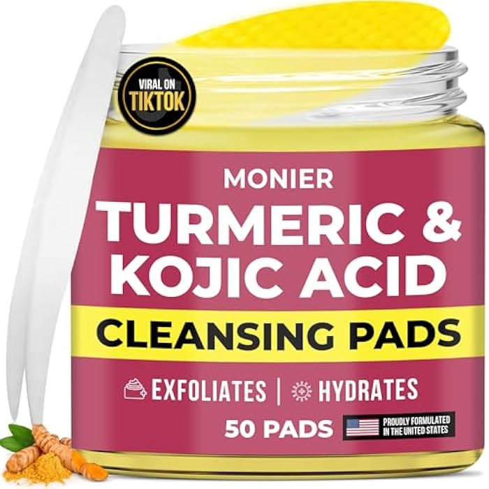 MONIER Turmeric Kojic Acid Cleansing Pads for Face Dark Spots - Hydrates & Plumps Skin - With Vitamin C & E - Sensitive Skin Friendly (50 Pads) - Image 1