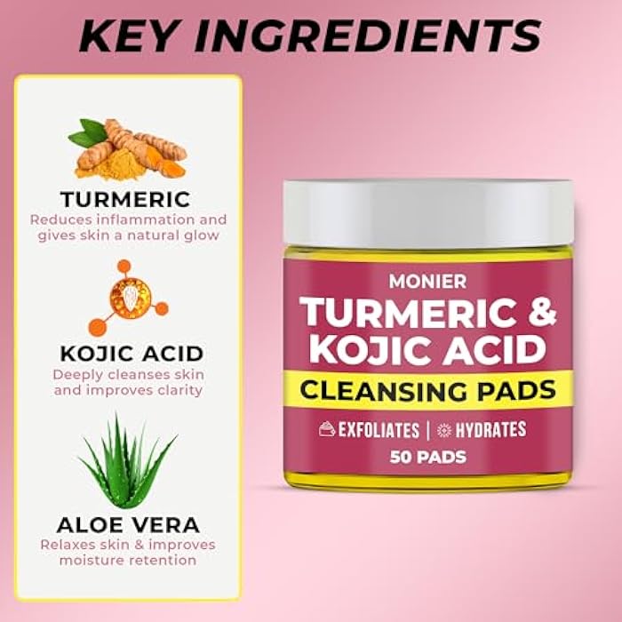MONIER Turmeric Kojic Acid Cleansing Pads for Face Dark Spots - Hydrates & Plumps Skin - With Vitamin C & E - Sensitive Skin Friendly (50 Pads) - Image 4